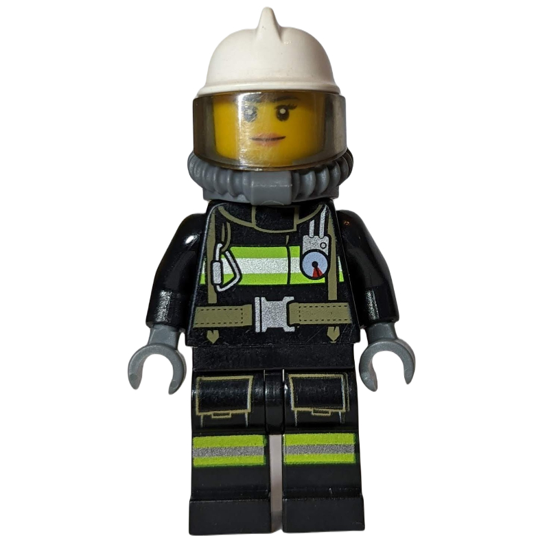 Lego Firefighter, Female, Black Fire Suit with Gauge and Straps, White Helmet, Breathing Apparatus, Airtanks (3626cpr1580 Head)