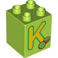 Duplo Brick 2 x 2 x 2 with 'K' and Kiwi Print / Lime