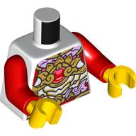 Lego Torso Armor, Red Jewel (Eye), Gold Crown, Gold and Lavender Decorations print, Red Arms, Yellow Hands / White