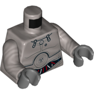 Lego Torso Droid with Plates with Concentric Circles, White, Red, and Blue Wires Print, Flat Silver Arms, Dark Bluish Gray Hands / Flat Silver
