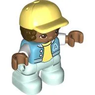 Duplo Figure Child with Hair and Cap Bright Light Yellow, Light Aqua Legs, Bright Light Yellow Shirt Print / Dark Azure