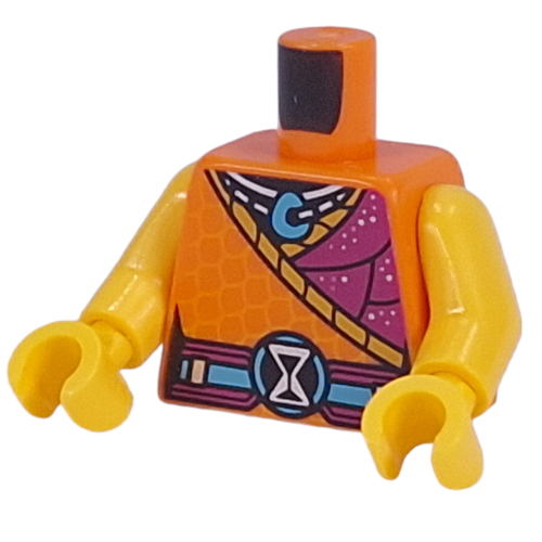 Lego Torso, Orange/Magenta Robe, Necklace with Medium Azure Hanger, Belt with Hourglass Symbol print, Yellow Arms and Hands / Orange