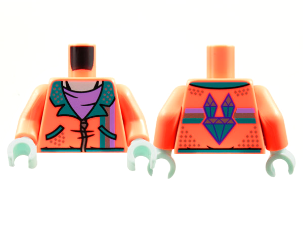 Lego Torso Jacket, Dark Turquoise Lapels, Silver Zipper and Speckles, Medium Lavender Shirt Pattern / Coral Arms / Light Aqua Hands