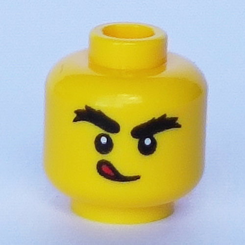 Lego Minifig Head, Bushy Eyebrows, Tongue Sticking Out / Blowing print / Yellow