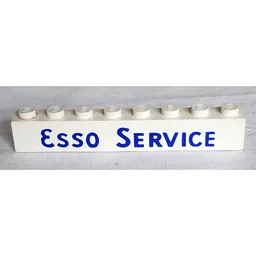 Brick 1 x 8 with 'ESSO SERVICE' Long Bold Blue Print / White