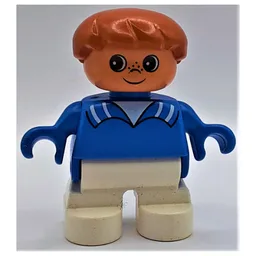 Duplo Figure, Early Child, Hair Swept Left Brown, White Legs, Collar Print / Blue