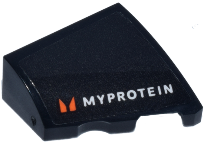 Lego Wedge 2 x 2 x 2/3 Right with White 'MYPROTEIN' and Orange Logo Pattern (Sticker) - Set 77249