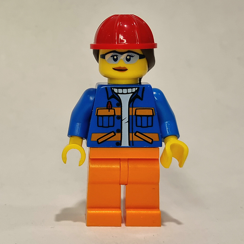 Lego Construction Worker, Blue Jacket, Orange Legs, Red Helmet