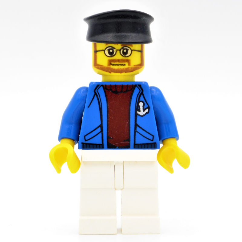 Lego Sailor, Open Blue Jacket with Anchor over Dark Red Sweater, White Legs, Black Hat, Beard and Glasses