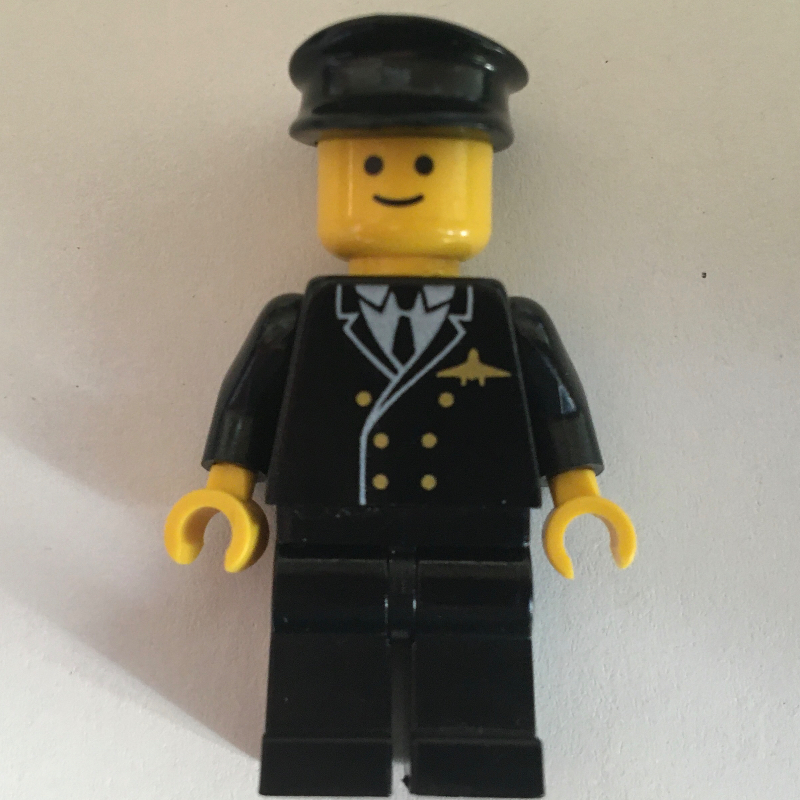 Lego Pilot, Black Suit with Tie and Airplane Badge, Black Hat (3626b Head)