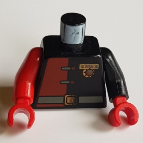 Lego Torso, Odd Arms, Jumpsuit with Red Half, Clasps, Commander Badge, and Belt Print, Left Black Arm, Right Red Arm, Red Hands / Black
