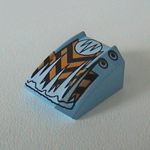 Lego Brick Curved 2 x 2 with Lip, No Studs with Orange/Black Chevrons Print (Frost) / Medium Blue