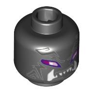 Lego Minifig Head Oni Villain, Purple and Pink Stretched Eyes, White Fangs, Tribal Markings Print [Hollow Stud] / Black