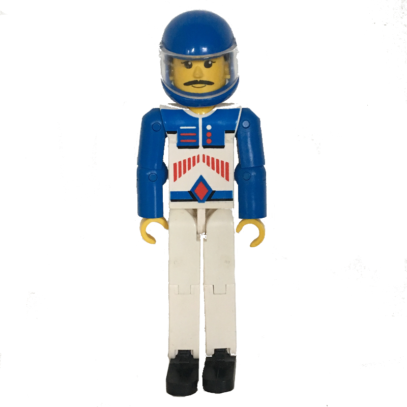 Lego Technic Figure White Legs, White Top with Red Arrow Stripes Print, Blue Arms - Blue Helmet