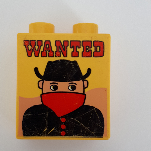 Lego Duplo Brick 1 x 2 x 2 with Wanted Poster Print / Yellow