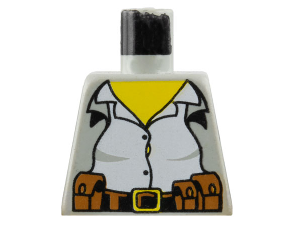 Lego Torso Female Jacket Open over White Shirt with Buttons, Black and Brown Belt with Pouches and Buckle, Yellow Neck Pattern