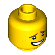 Lego Minifig Head Jay Walker, Dark Brown Eyebrows, Dark Orange Freckles, Open Mouth Crooked Smile Print [Hollow Stud] / Yellow