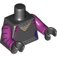 Lego Torso Jumpsuit with Fishnet Inset and Silver Studded Collar and Belt with Buckle / Outline and Belt on Back Print, Magenta Arms with Black Stripes, Black Hands / Black