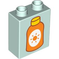 Lego Duplo Brick 1 x 2 x 2 with Orange Sunscreen Bottle print / Light Aqua