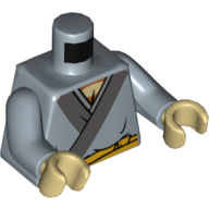 Lego Torso Robe with Dark Bluish Gray Trim, Yellow Sash Belt Print, Sand Blue Arms, Tan Hands / Sand Blue