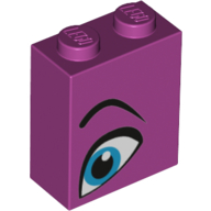 Lego Brick 1 x 2 x 2 with Inside Stud Holder with Blue Eye, Eyebrow Right print / Magenta