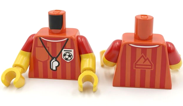 Lego Torso Referee Shirt with Pocket, Red Stripes, Black and White Soccer Ball Logo, Silver Whistle Pattern (BAM) / Yellow Arms with Molded Red Short Sleeves Pattern / Yellow Hands