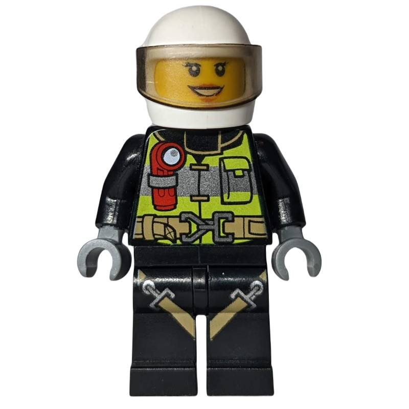Lego Firewoman, Safety Vest with Flashlight, Pocket, and Belt, Black Legs with Straps, White Helmet with Visor