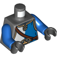 Lego Torso Tunic, White and Blue Halves and Brown Belt Print, Blue Arms, Black Hands / Dark Bluish Gray