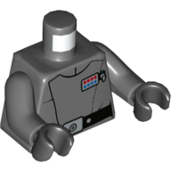 Lego Torso Crew Uniform, Black Belt with Silver Buckle, Red and Blue Insignia Badge, Dark Bluish Gray Arms, Black Hands / Dark Bluish Gray