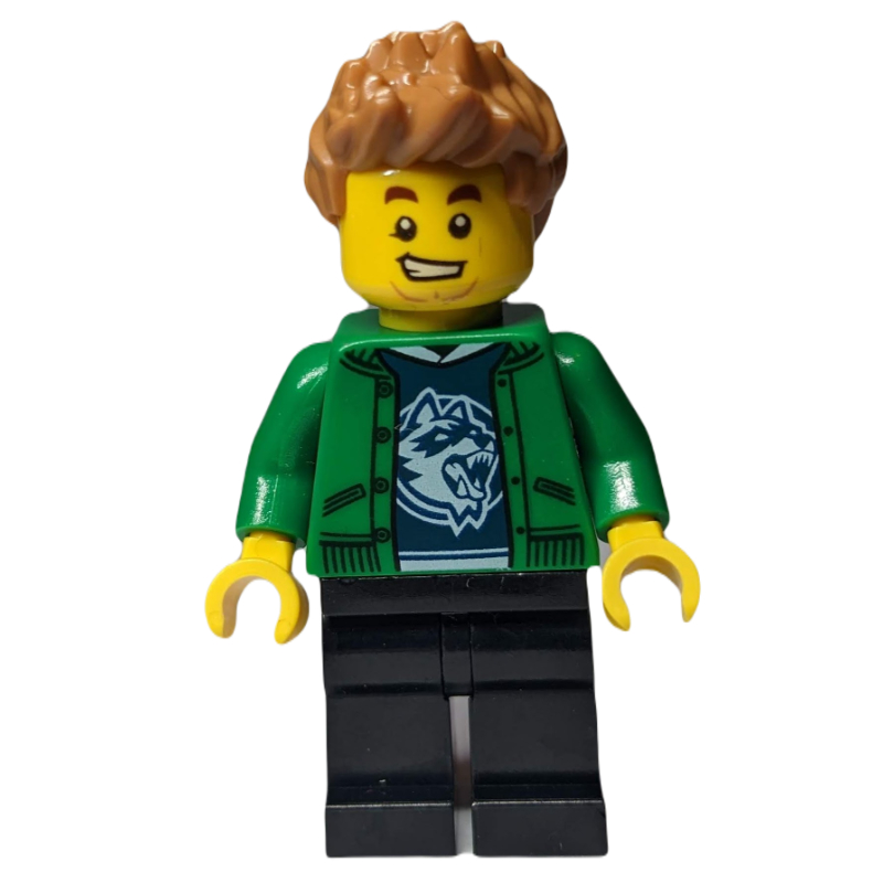 Lego Man, Open Green Jacket, Black Legs, Medium Nougat Hair