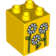 Lego Duplo Brick 2 x 2 x 2 with 3 White Flowers Print / Yellow