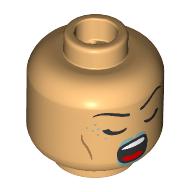 Lego Minifig Head Elf Bard, Thin Black Eyebrows, Metallic Blue Lips, Open Mouth Smile/Closed Eyes, Open Mouth Singing / Warm Tan