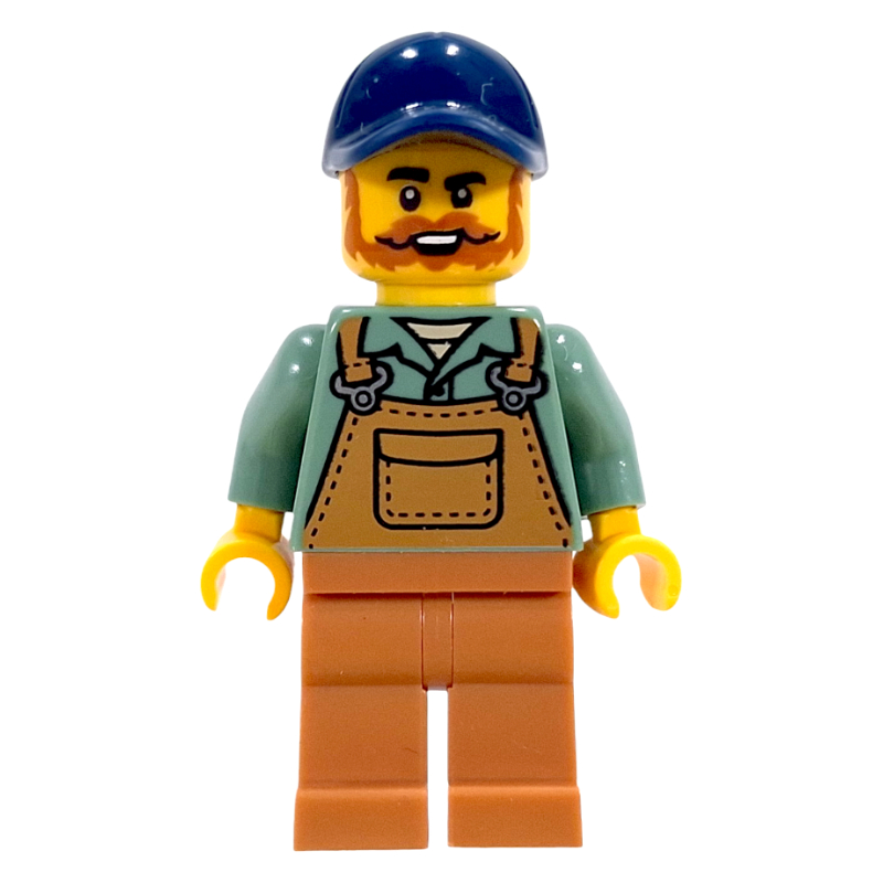 Lego Farmer, Sand Green Shirt, Medium Nougat Legs, Dark Blue Cap
