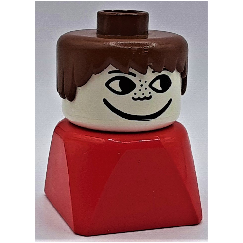 Lego Duplo 2 x 2 x 2 Figure Brick Early, Short Spiky Hair Brown, Freckles Print / Red