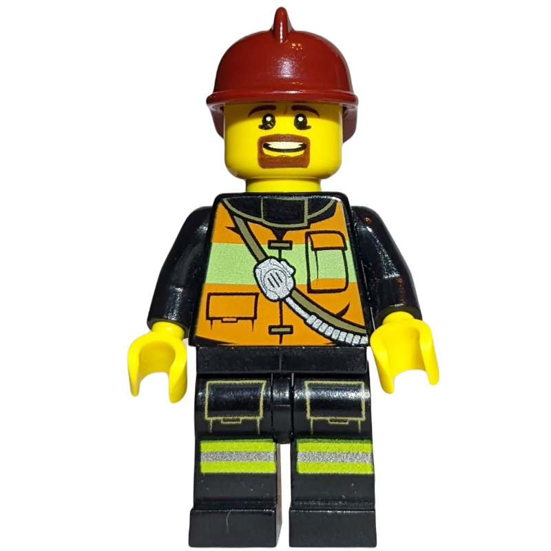 Lego Fireman, Orange Safety Vest with Radio, Dark Red Helmet, Goatee Beard