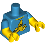 Lego Torso, Dual Molded Arms, Yellow Banana Peel with Grin Print, Dark Azure Sleeves Pattern, Yellow Arms and Hands / Dark Azure