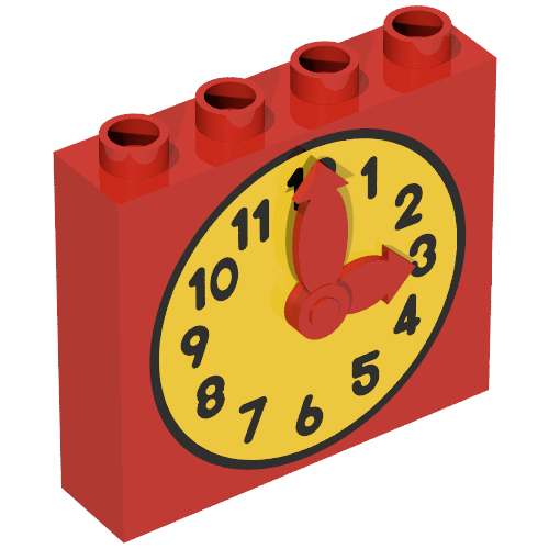 Lego Duplo Brick 1 x 4 x 3 with Movable Red Hands and Yellow Clock Face Print / Red