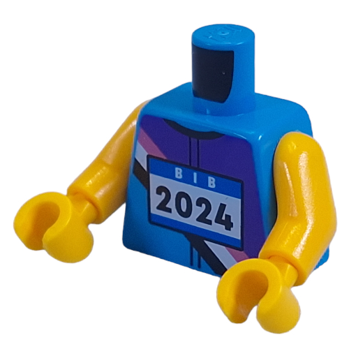 Lego Torso, Athlete Bib, White 'BIB', Black '2024', Dark Purple/Lavender/White/Black Jacket print, Yellow Arms and Hands / Dark Azure