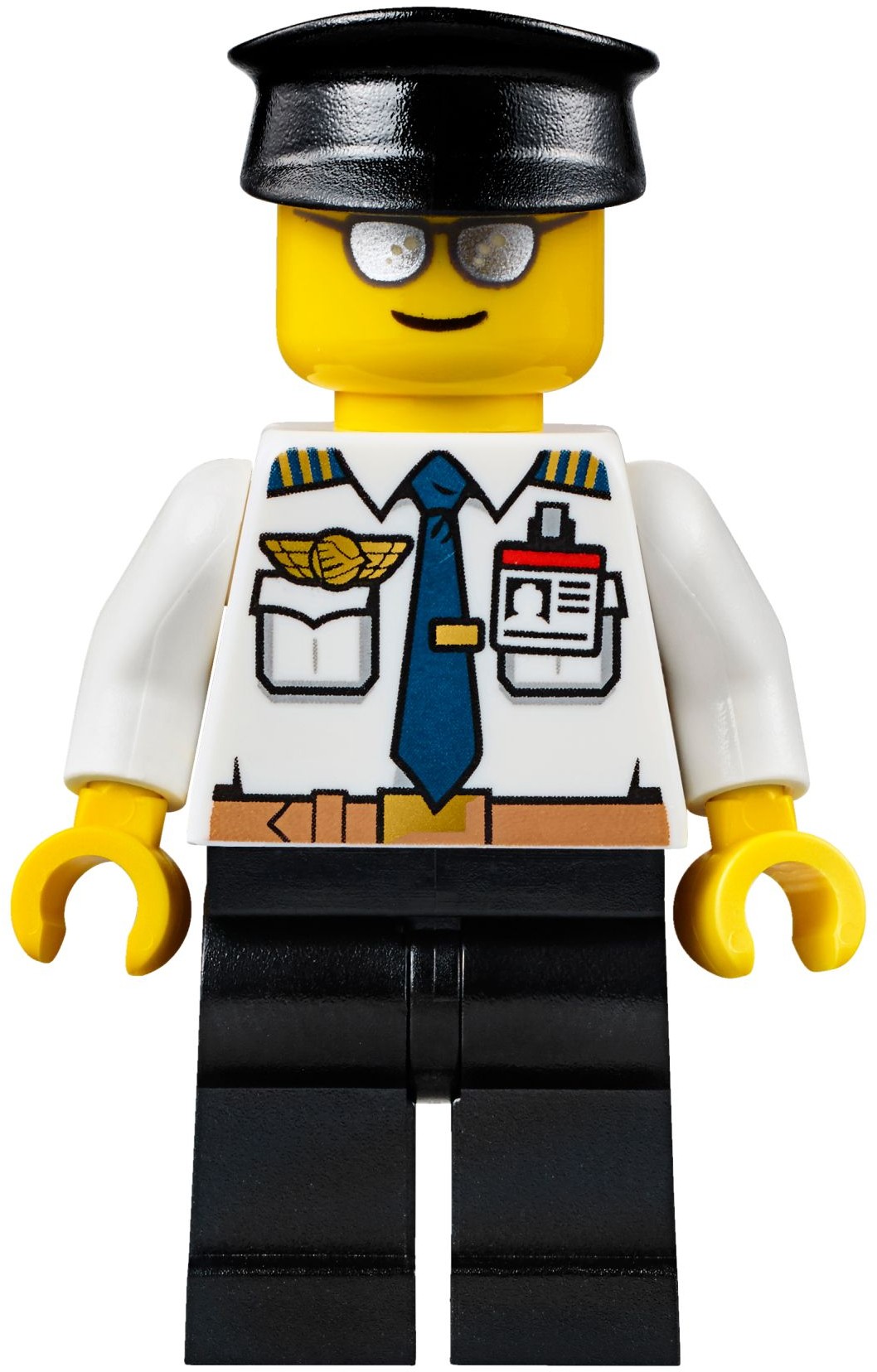Lego Pilot, White Shirt with Tie and Wing Badge, Black Legs, Black Hat, Silver Sunglasses