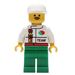 Racer, White Jacket with Octan Logo and 'RACE' and 'TEAM', Green Legs, White Cap, Moustache