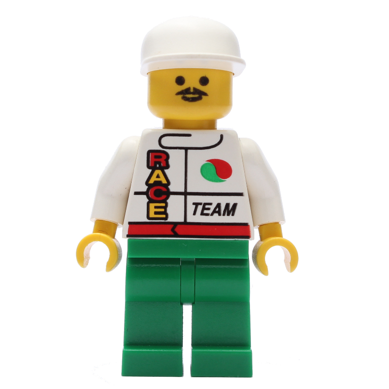 Lego Racer, White Jacket with Octan Logo and 'RACE' and 'TEAM', Green Legs, White Cap, Moustache