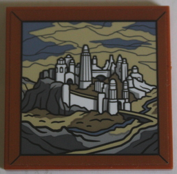 Lego Tile 4 x 4 with Painting of Ost-in-Edhil City with White Fortress on Tan, Dark Tan, Dark Bluish Gray and Sand Blue Background Pattern (Sticker) - Set 10316