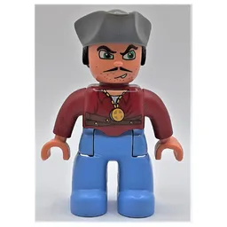Duplo Figure with Pirate Hat, Medium Blue Legs, Medallion, Moustache Print / Dark Red