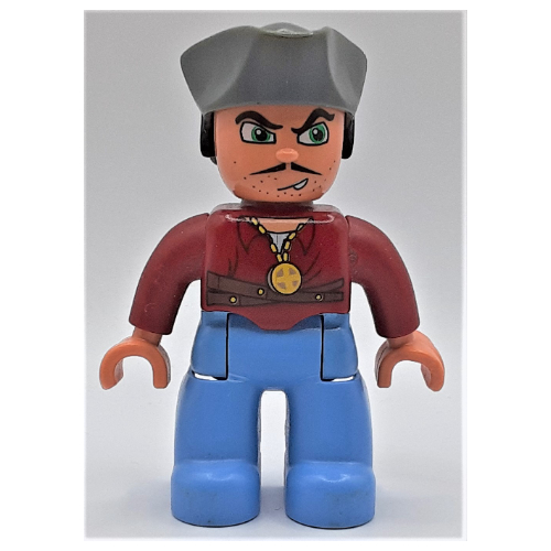 Lego Duplo Figure with Pirate Hat, Medium Blue Legs, Medallion, Moustache Print / Dark Red