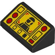 Brick Sloped 30° 1 x 2 x 2/3 with Yellow Control Panel, Black Minifig, Red Buttons Print / Black