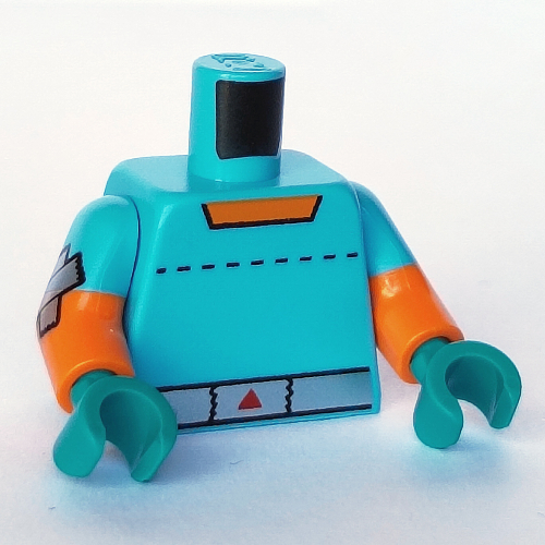 Lego Torso, Dual Molded Arms, Silver Belt with Red Triangle print, Medium Azure Sleeves Pattern, Orange Arms with On/Off Switch Print, Dark Turquoise Hands / Medium Azure