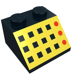 Brick Sloped 45° 2 x 2 with 12 Buttons, 3 Red Lamps, Yellow Panel Print / Black
