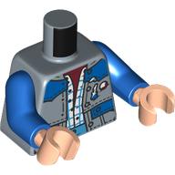 Lego Torso, Jacket, Blue Patches, Stitches, White Checkered Shirt, Dark Red Shirt print, Blue Arms, Light Nougat Hands / Sand Blue