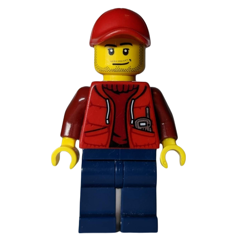 Lego Marine Explorer, Open Red Jacket over Dark Red Sweater, Red Cap, Stubble