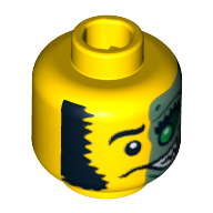 Lego Minifig Head Mr. Good and Evil, Half Sand Green with Green Eye Open Grin Print [Blocked Open Stud] / Yellow
